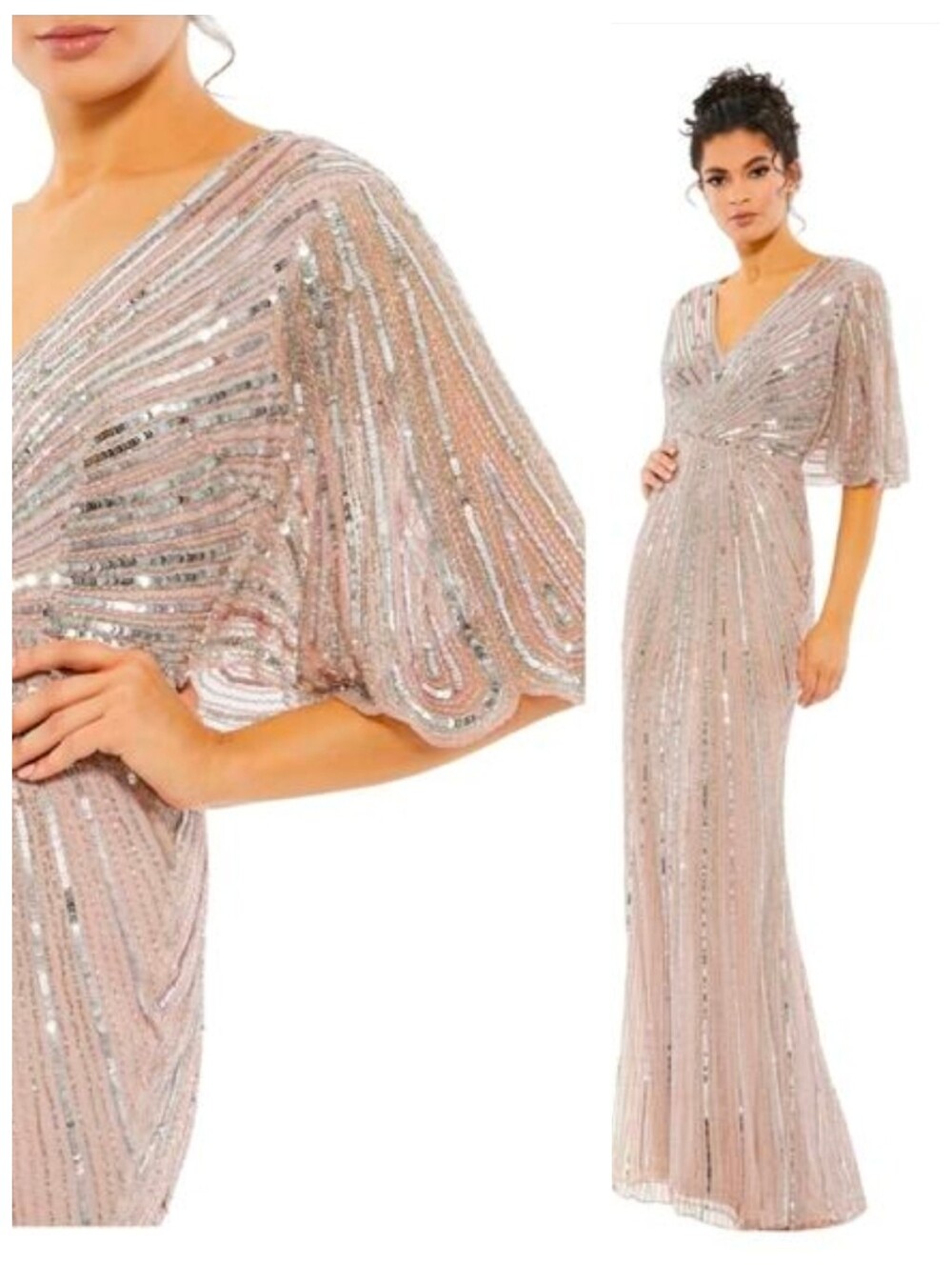 Mac Duggal 93583 Sequin Beaded Vintage Rose Pink Dress Cape Sleeve Dress 6